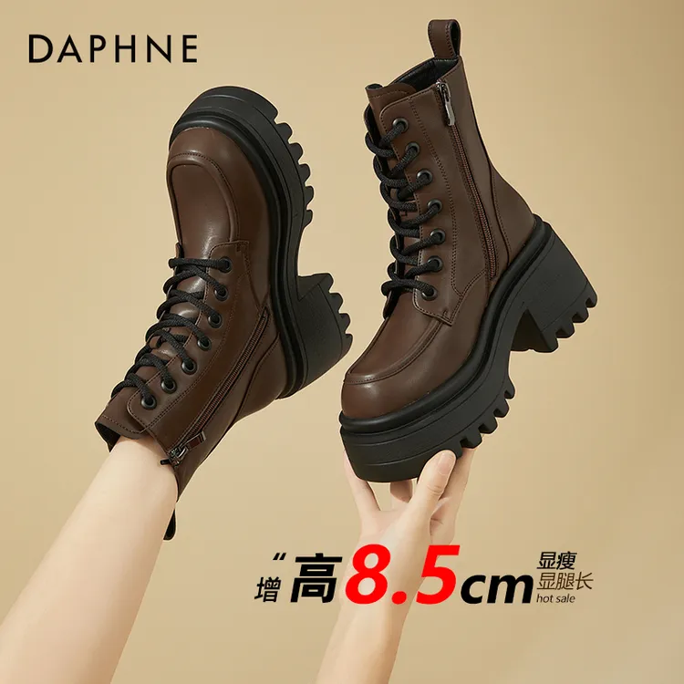 达芙妮厚底马丁靴女款冬季加绒中筒靴子2025新款内增高女鞋高跟鞋