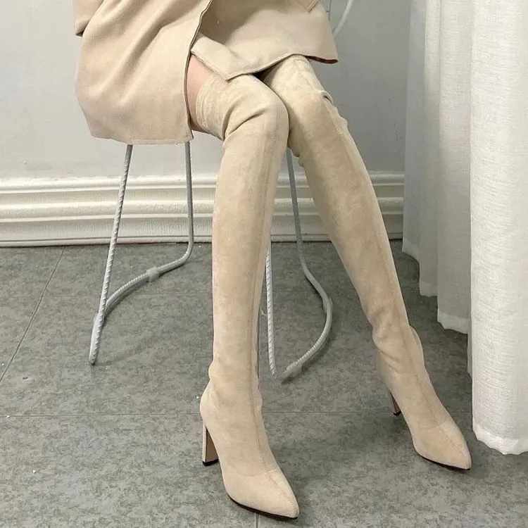 超显腿长过膝高跟弹力瘦瘦靴气质杏色绒面粗跟长筒靴高跟尖头长靴