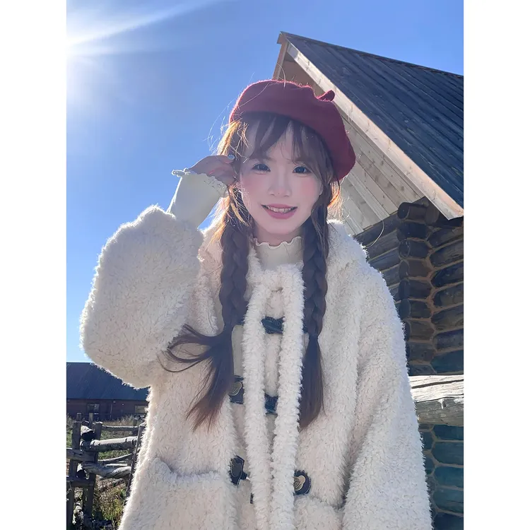 sinsingirl 格兰学院 连帽保暖羊羔毛拼红格子外套女+格子半身裙