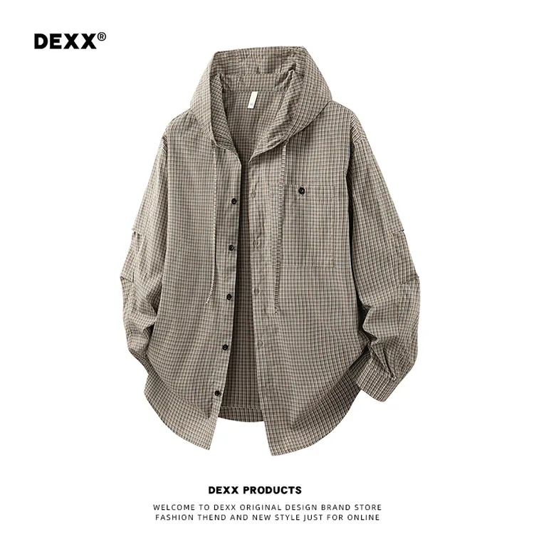 DEXX复古咖啡色衬衫双色格慵懒风连帽长袖衬衣百搭宽版情侣外套