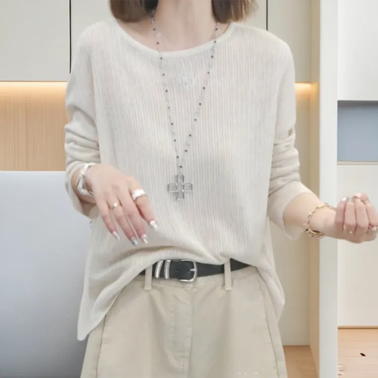 【海岛剪影】长袖针织T恤内搭宽松休闲百搭上衣防晒罩衫夏C5233