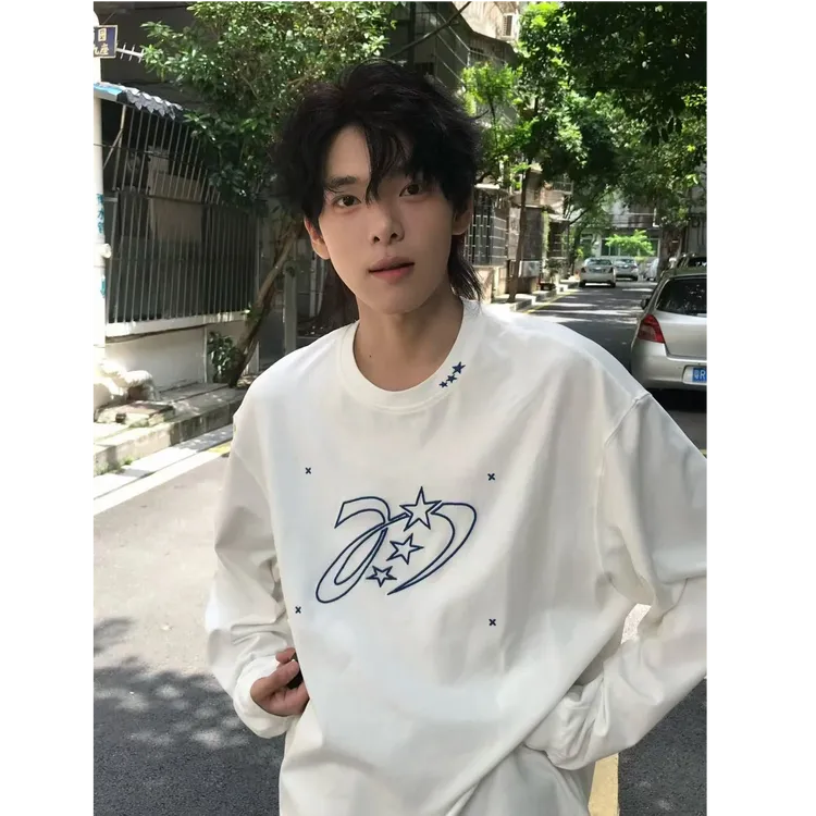 美式复古潮牌星星刺绣长袖T恤男秋冬季新款宽松休闲百搭圆领上衣