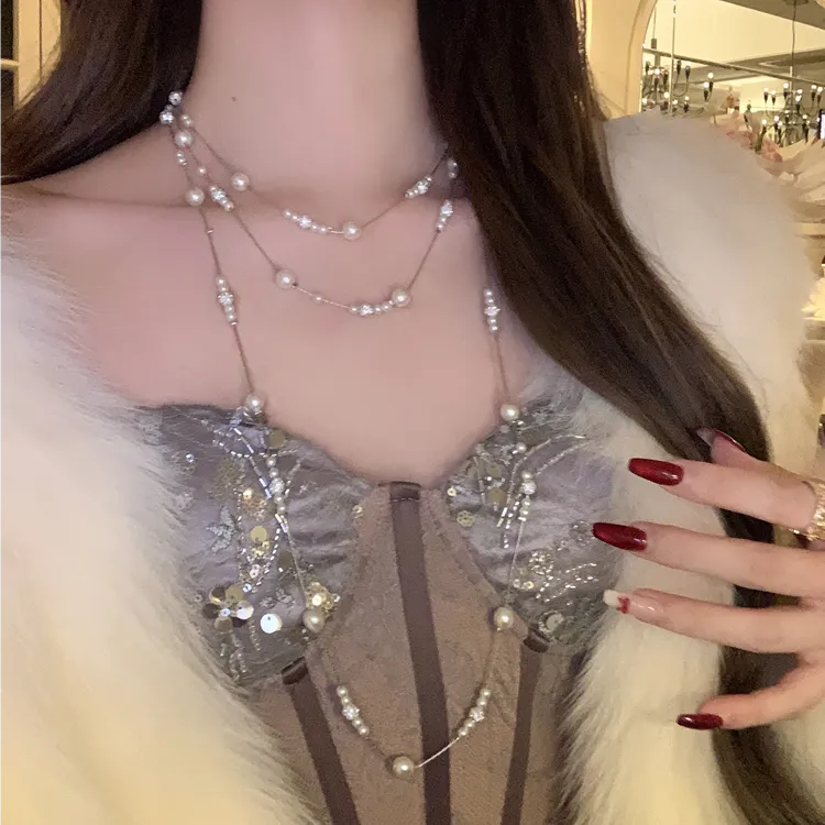 铜合金项链 氛围舒适区 满天星多层珍珠项链女秋冬高级感绝美配饰