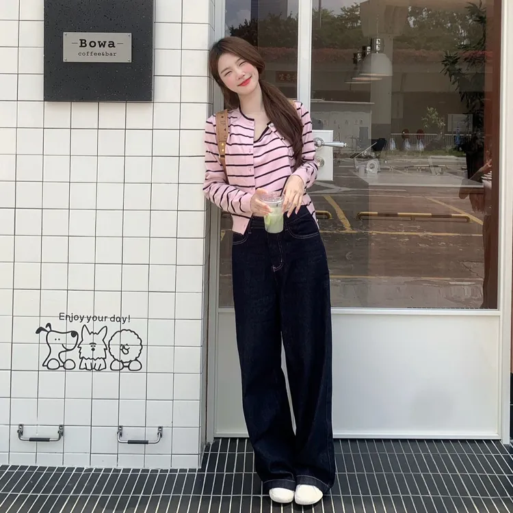 甜辣风条纹INS风韩版外衫吊带宽松显瘦复古牛仔高腰裤子时尚套装
