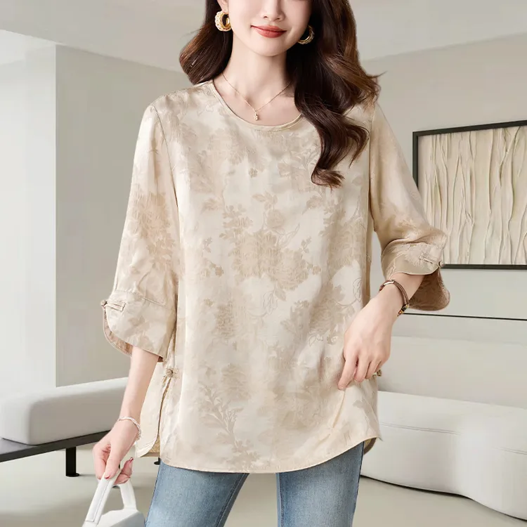 国风缎面提花短袖衬衫女士夏季2025新款时尚宽松气质休闲百搭上衣