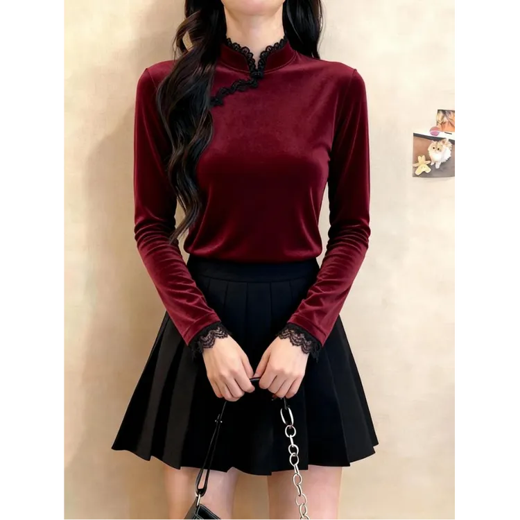 新中式温柔感酒红色立领蕾丝边时髦上衣2025秋冬独特漂亮国风小衫