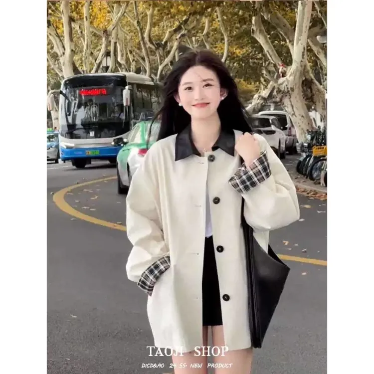 卡其色风衣女款2025新款高级感大翻领双排扣秋季短款外套收腰大衣