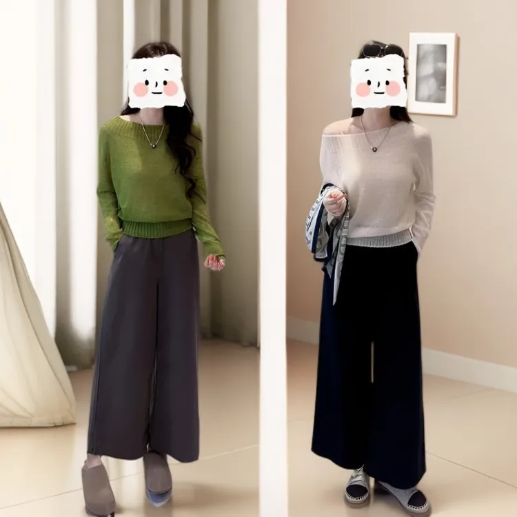 早秋时尚新款慵懒风套装2025新款宽松斜肩针织衫休闲裤显瘦两件套