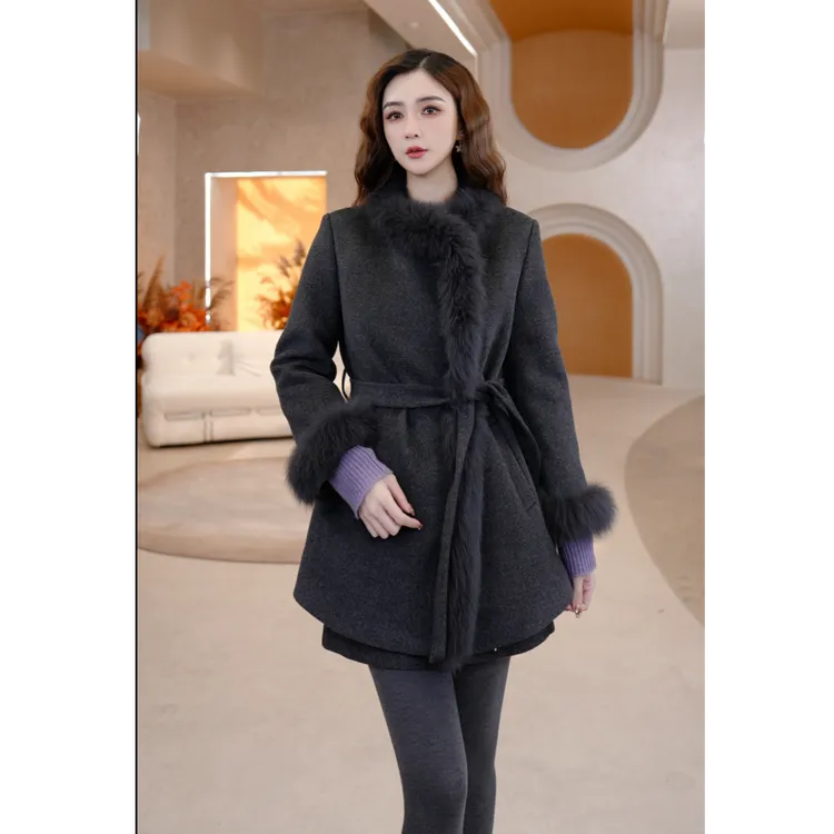 COCO BECCI【巴黎夜色】90白鸭狐狸毛气质羽绒呢外套CFLJD200300