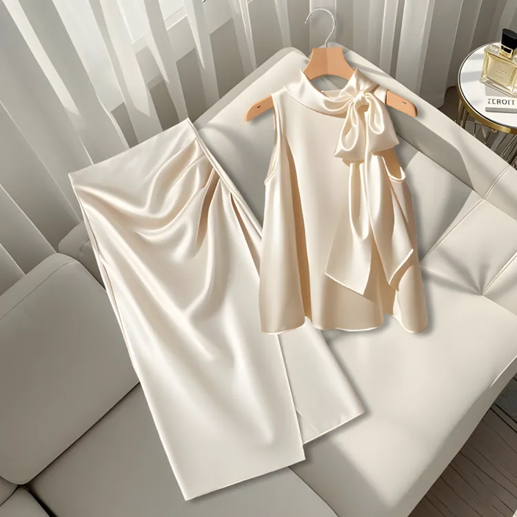 2025夏季新款洋气高端香槟白挂脖时尚上衣不规则包臀半身裙子套装