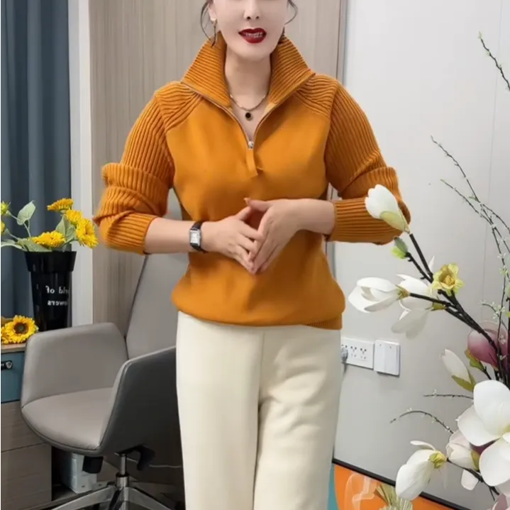 2025新款时尚休闲风高领纯色女士针织衫秋冬季厚款打底衫显瘦毛衣