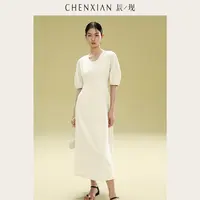 CHENXIAN辰现日杂风仿毛TR气质休闲大U领泡泡花苞袖连衣裙甜美女