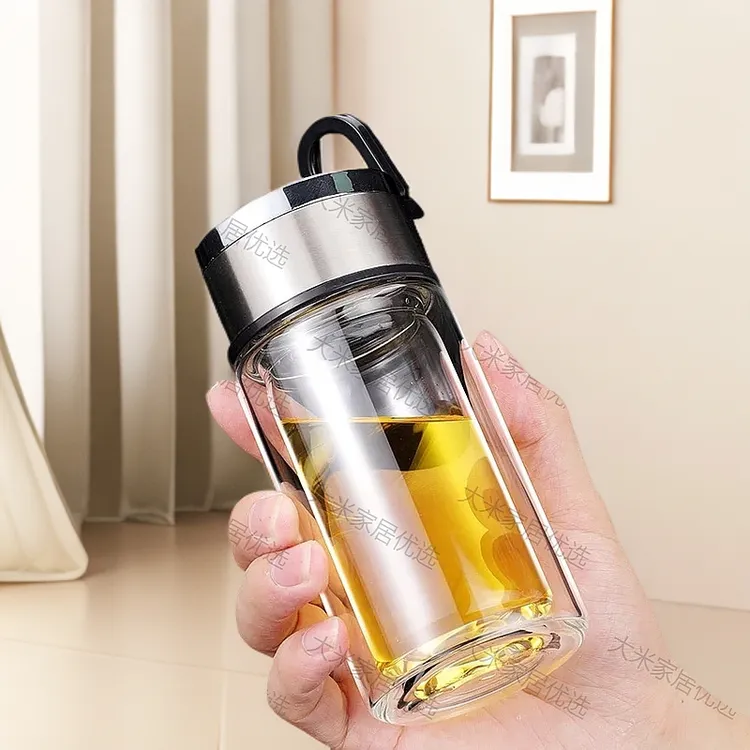 鲁果便携式男士水杯高颜值玻璃泡茶杯印刷广告礼品商务杯手提杯子