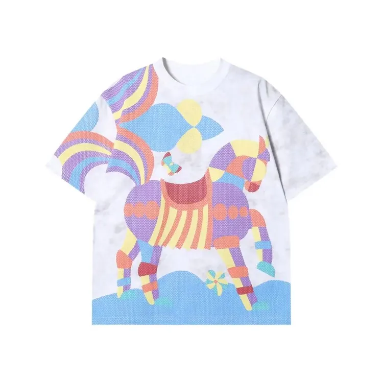 夏季高级感新款男士小马彩色印花圆领短袖T恤小众设计洒金上衣