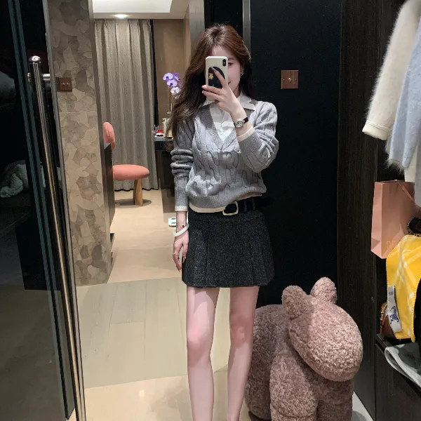 【千金衣橱】复古衬衫毛衣假两件女秋冬设计感半裙套装 两件套显瘦