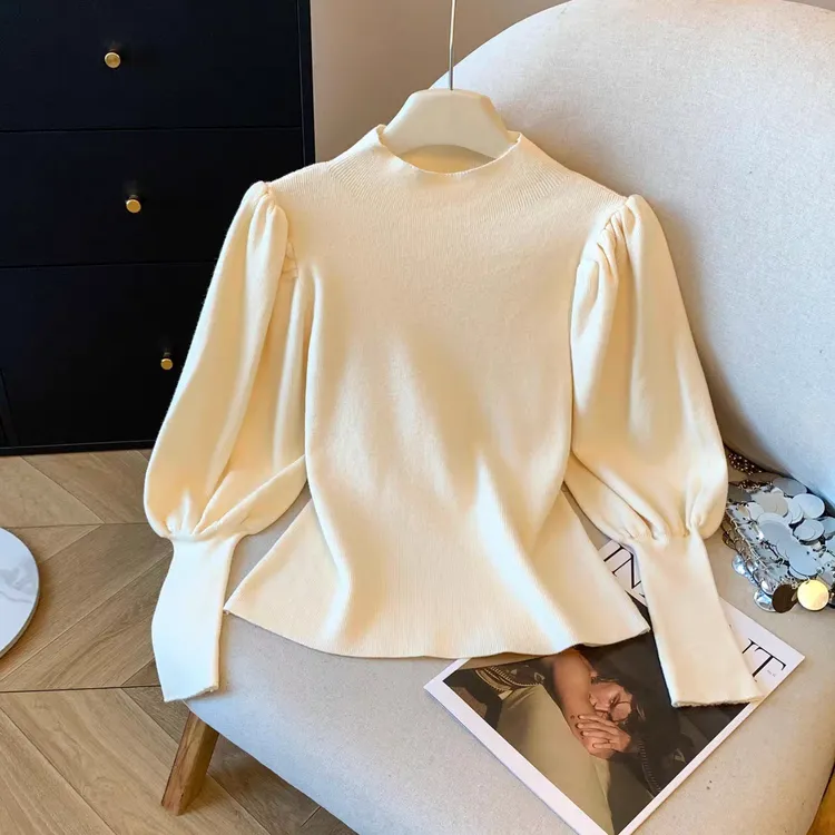 秋冬泡泡袖洋气褶皱半高领毛衣气质百搭显瘦中领长袖套头针织衫潮