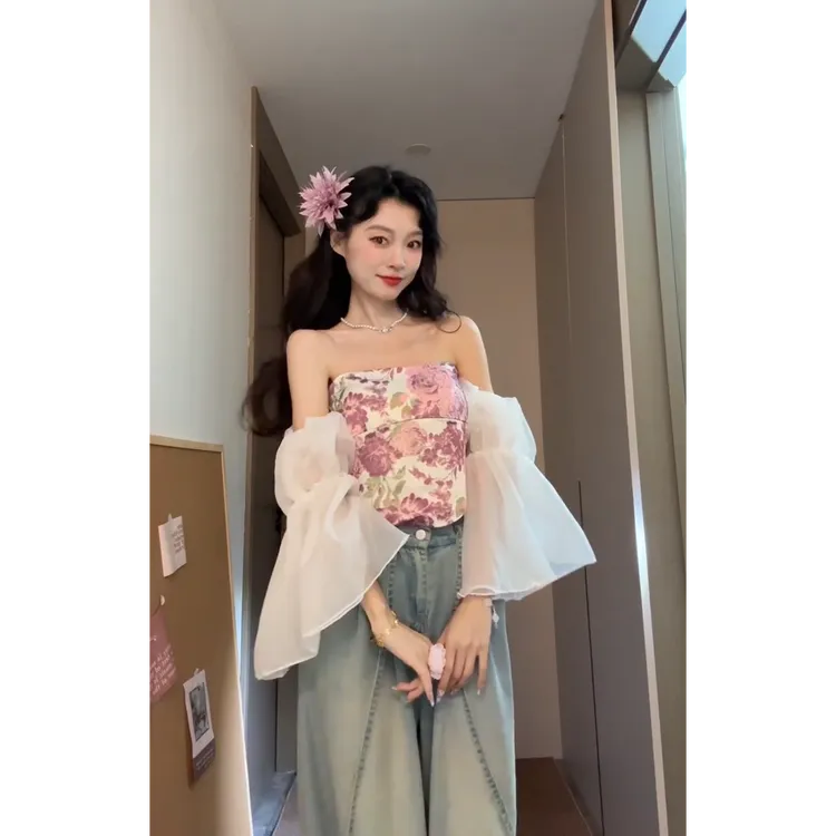 【微醺玫瑰】夏季新款辣妹复古一字肩抹胸短款上衣高腰显瘦阔腿裤女