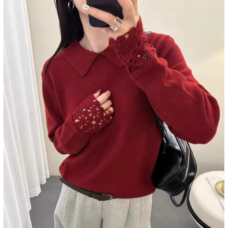 【浣熊绒】2025秋冬新款翻领袖口钩花镂空设计套头针织衫打底毛衣