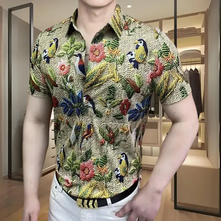 夏季新款男士短袖衬衫时尚个性喜鹊登梅痞帅修身翻领商务凉感衬衫