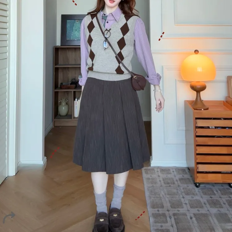 FCYSTUIDOHZJ韩系翻领条纹长袖衬衫叠穿针织马甲背心两件套上衣女