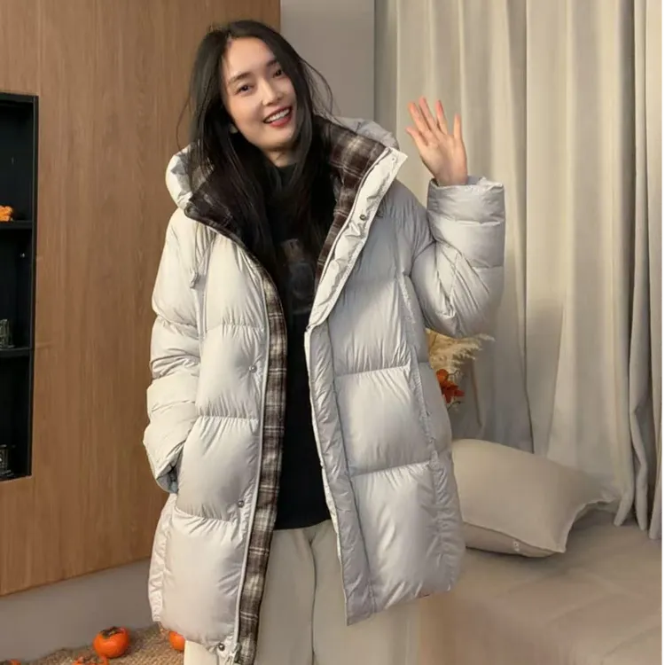 599-中长款90鸭绒拉链保暖羽绒服宽松型连帽休闲时尚冬季潮流