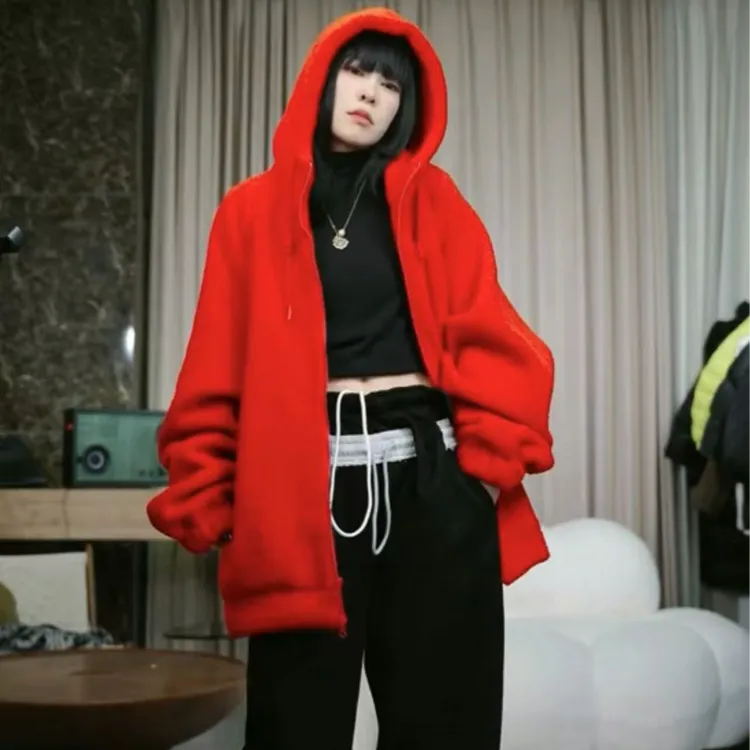 infobyfive2025秋冬新款加绒连帽抽绳狗熊毛毛拉链外套2DJ1410