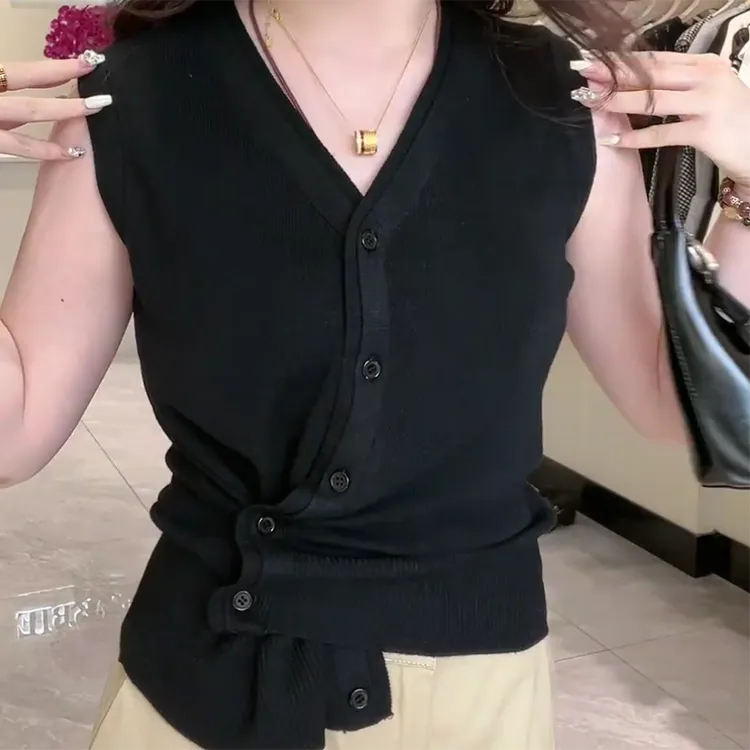 夏季不规则收腰纽扣纯色V领显瘦上衣时尚百搭韩版针织背心