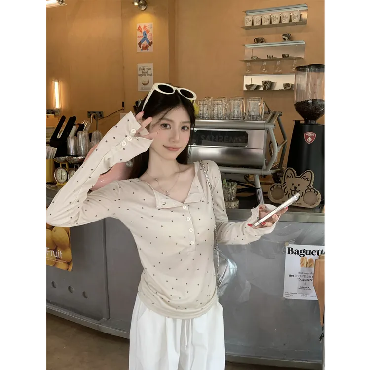 2025半开领温柔韩系波点长袖防晒微透T恤女夏季新款休闲显瘦上衣