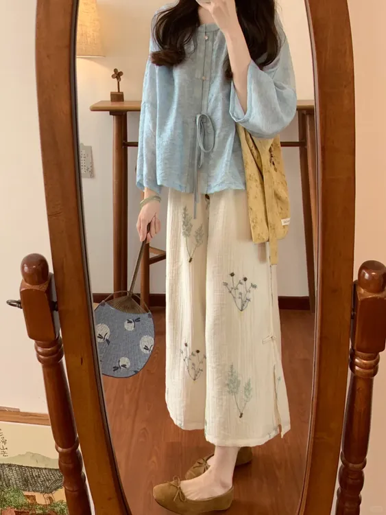 2025夏季新款新中式松弛感蓝色衬衫上衣搭配休闲裤气质两件套装女