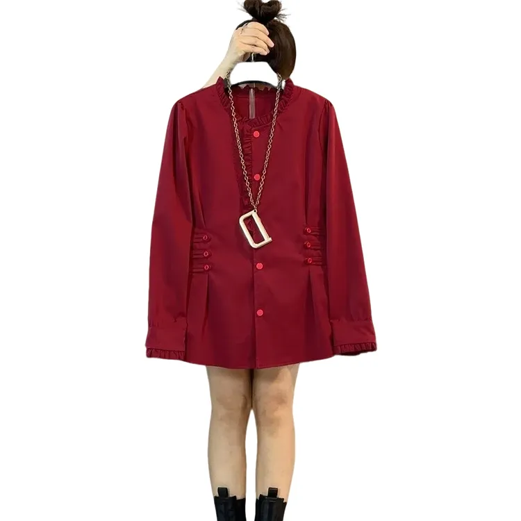 大维罗依YM欧货木耳边纽扣简约百搭衬衫