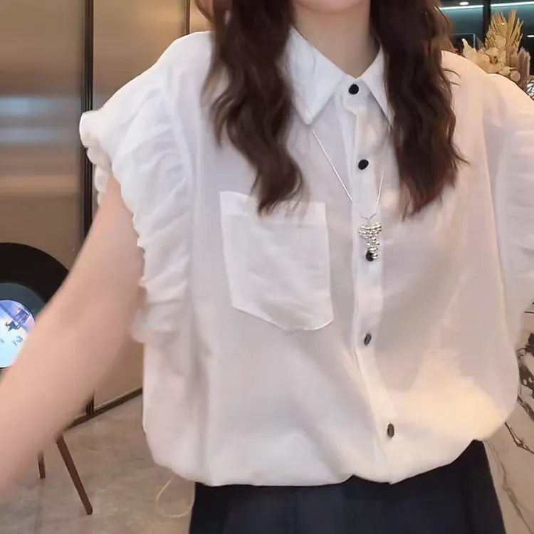 韩版轻奢设计感抽绳气质短袖衬衫2025夏季薄款洋气时尚宽松衬衣
