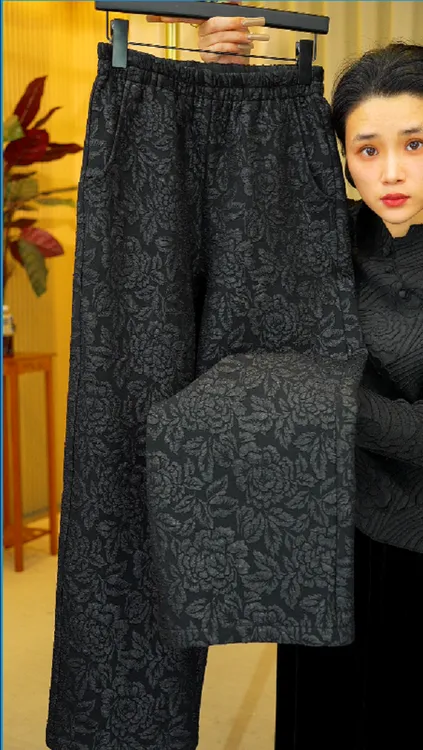 2025新款加绒加厚真丝提花直筒阔腿裤女显高显瘦气质国风冬季