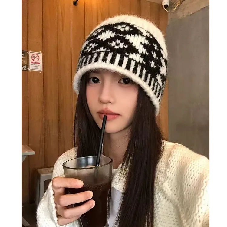 复古菱格提花针织渔夫帽女秋冬季韩版显脸小毛线帽保暖帽子