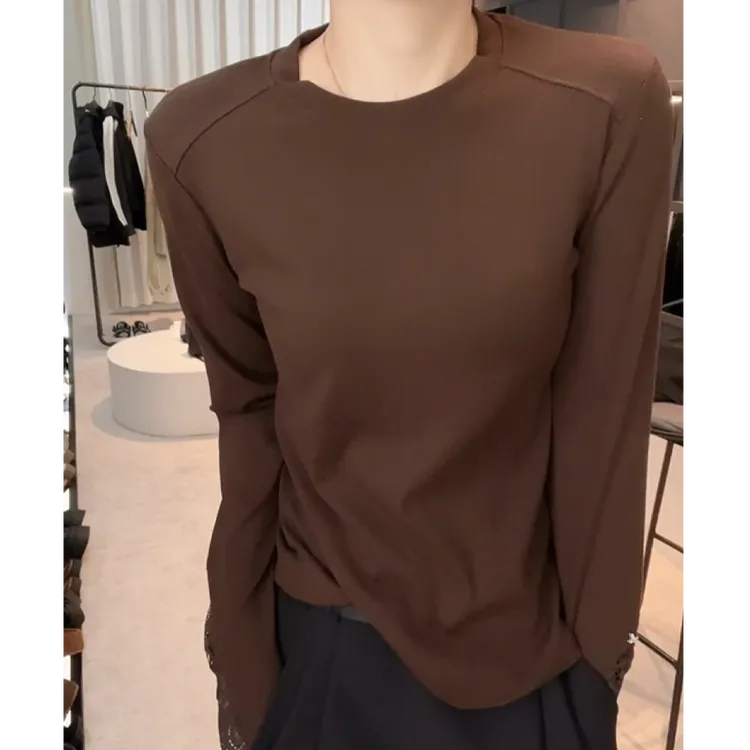 设计感袖口拼接蕾丝长袖T恤女2025秋季新款纯色洋气打底衫上衣