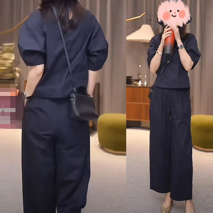 减龄韩系藏青色上衣裤子两件套2025夏季新款显白别致休闲潮流套装