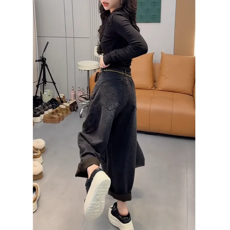 2025秋冬洋气豹纹直筒牛仔裤女加绒显瘦阔腿裤子