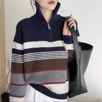 特！门店26&9！条纹拼色慵懒风厚款立领女式针织衫 Z00758