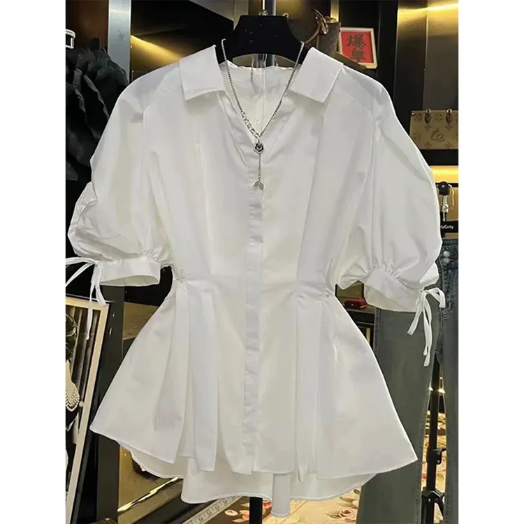 大码收腰泡泡袖白色衬衫短袖女2025新款胖mm高级感超好看半袖上衣