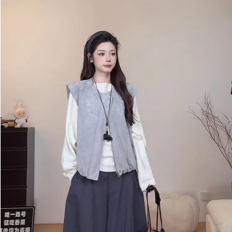 （6-8运贴）韩系马甲外套秋冬简约叠穿拉链无袖夹克上衣女