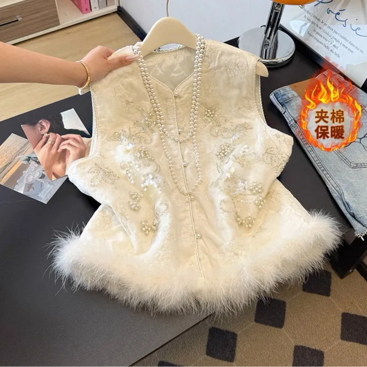 【加棉加厚+毛毛可拆卸】新中式重工亮片钉珠提花马甲拼接鸵鸟毛