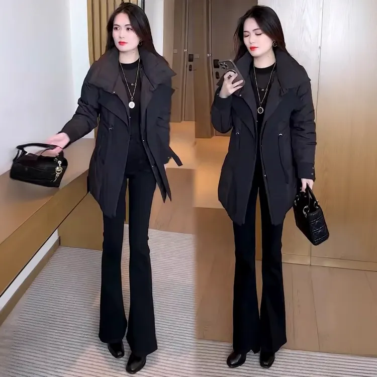 棉服女2025冬季新款时髦洋气翻领收腰显瘦中长款加厚保暖棉袄