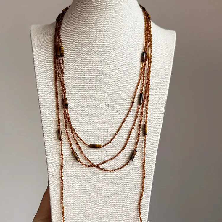 铜树脂项链 棕色长款多层串珠项链女款小众设计感锁骨链叠戴项链 