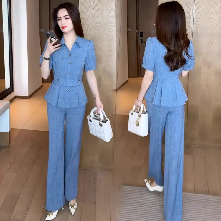 时尚职业套装女士夏季新款洋气收腰短袖上衣高腰直筒裤职业两件套