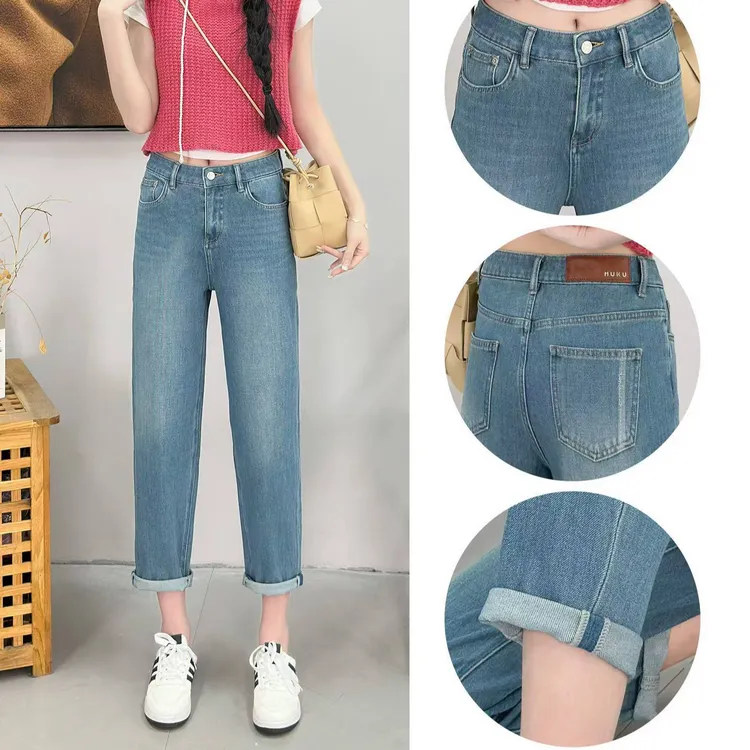 2025年春季新款高腰显瘦直筒牛仔裤女设计感十足九分法棍烟管裤子