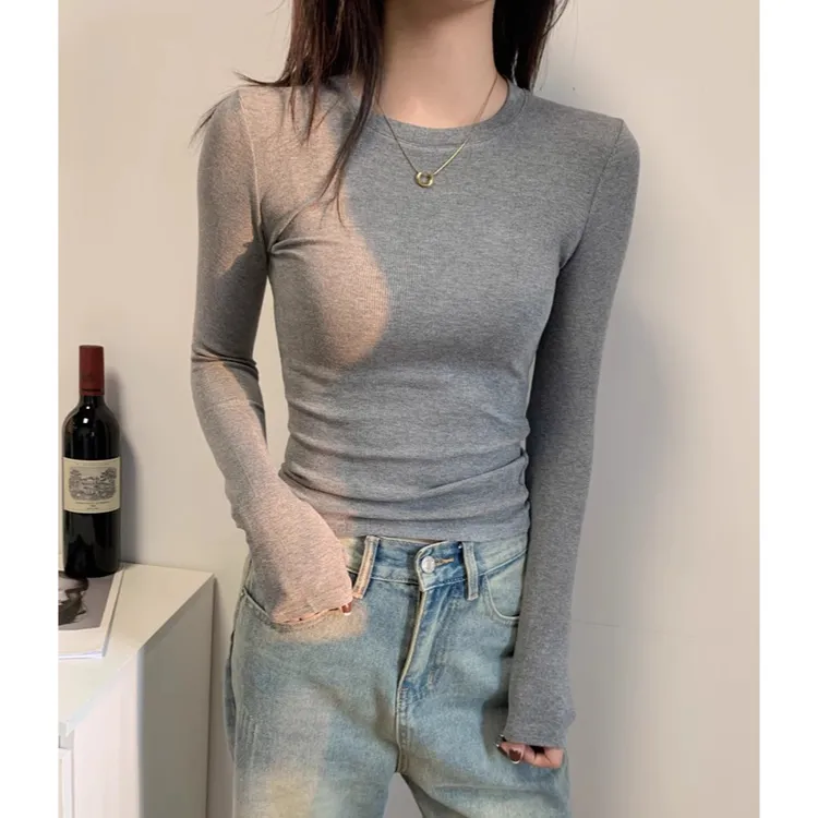 美式灰色正肩小衫长袖t恤女2025春秋季螺纹内搭打底修身百搭上衣