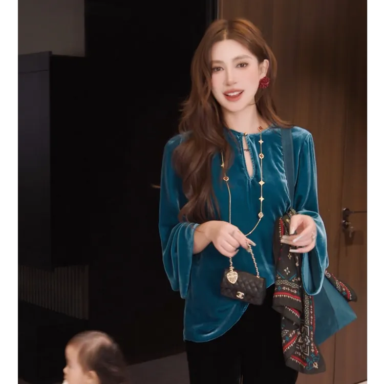 G. yantong/郭彦彤定制早秋款真丝丝绒长袖上衣新中式轻奢DD1207