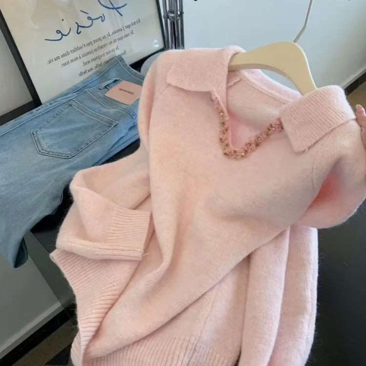 韩系翻领温柔风甜美百搭毛衣女小众显瘦减龄高级感大码洋气针织衫