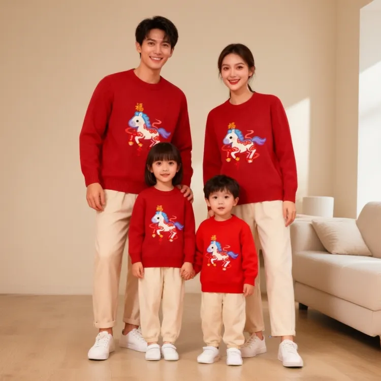 亲子装一家三口红色毛衣全家福马年生肖款国潮亲子母女装拜年服