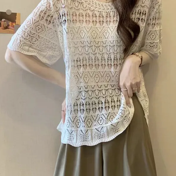 镂空钩花镂空针织衫女薄款25年夏季新款宽松显瘦短袖t恤防晒上衣
