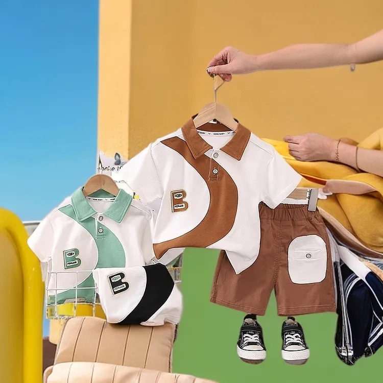 薄款男女字母夏季休闲森系套装上衣拼接印花衬衫韩版儿童男童时尚